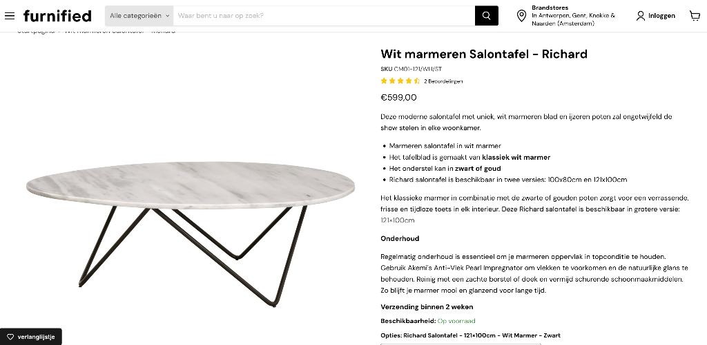 Wit marmeren salontafel Furnified, Ophalen, Design, Zo goed als nieuw, Overige vormen