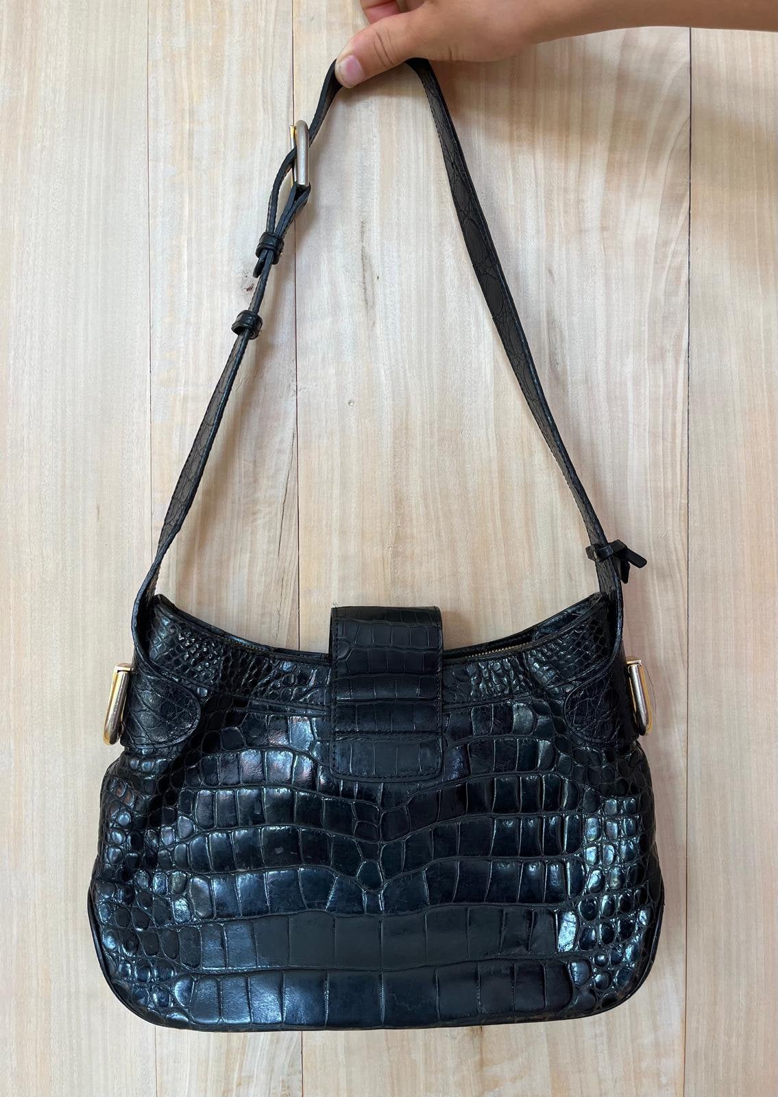 zwarte croco vintage lederen Delvaux Camargue handtas (1999), Ophalen of Verzenden, Zo goed als nieuw, Zwart, Handtas