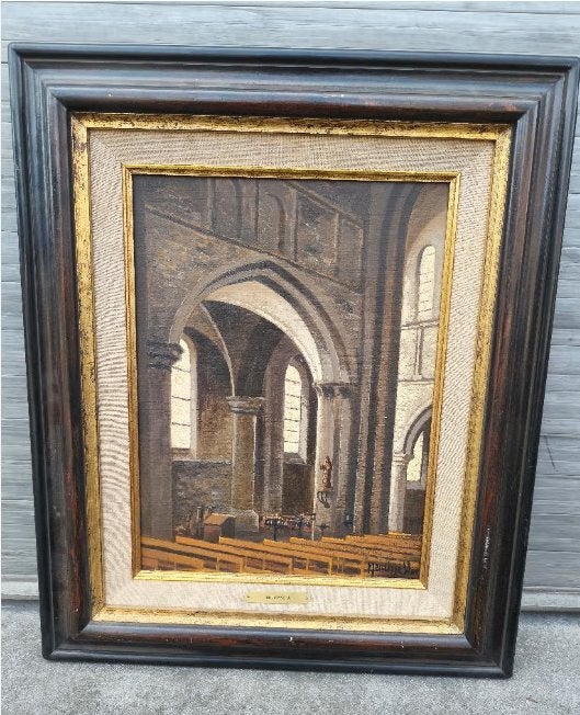 Huile sur toile intérieur d église signe willy meurisse, Antiek en Kunst, Ophalen of Verzenden, Doek