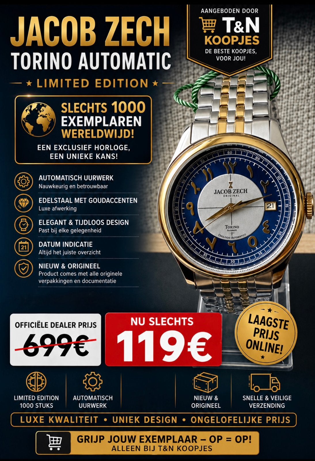 KOOPJE! AUTOMATISCHE JACOB ZECH TORINO TWV699€! 💯%NIEUW!, Ophalen of Verzenden, Nieuw