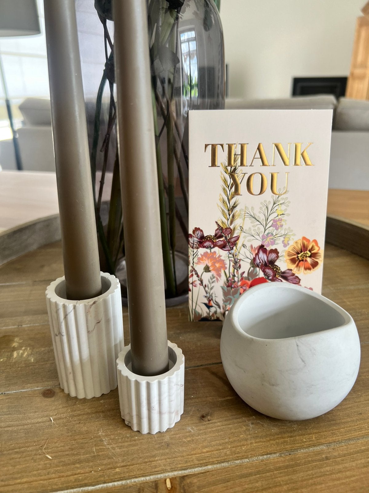 THANK YOU 6: 2 kaarsenhouders en een bloempotje, Ophalen, Overige materialen, Nieuw, Grijs