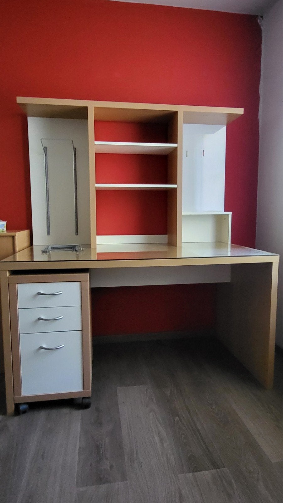 Bureau IKEA MIKAEL avec surmeuble et caisson à roulettes, Huis en Inrichting, Bureaus, Ophalen, IKEA, Wit, Glas