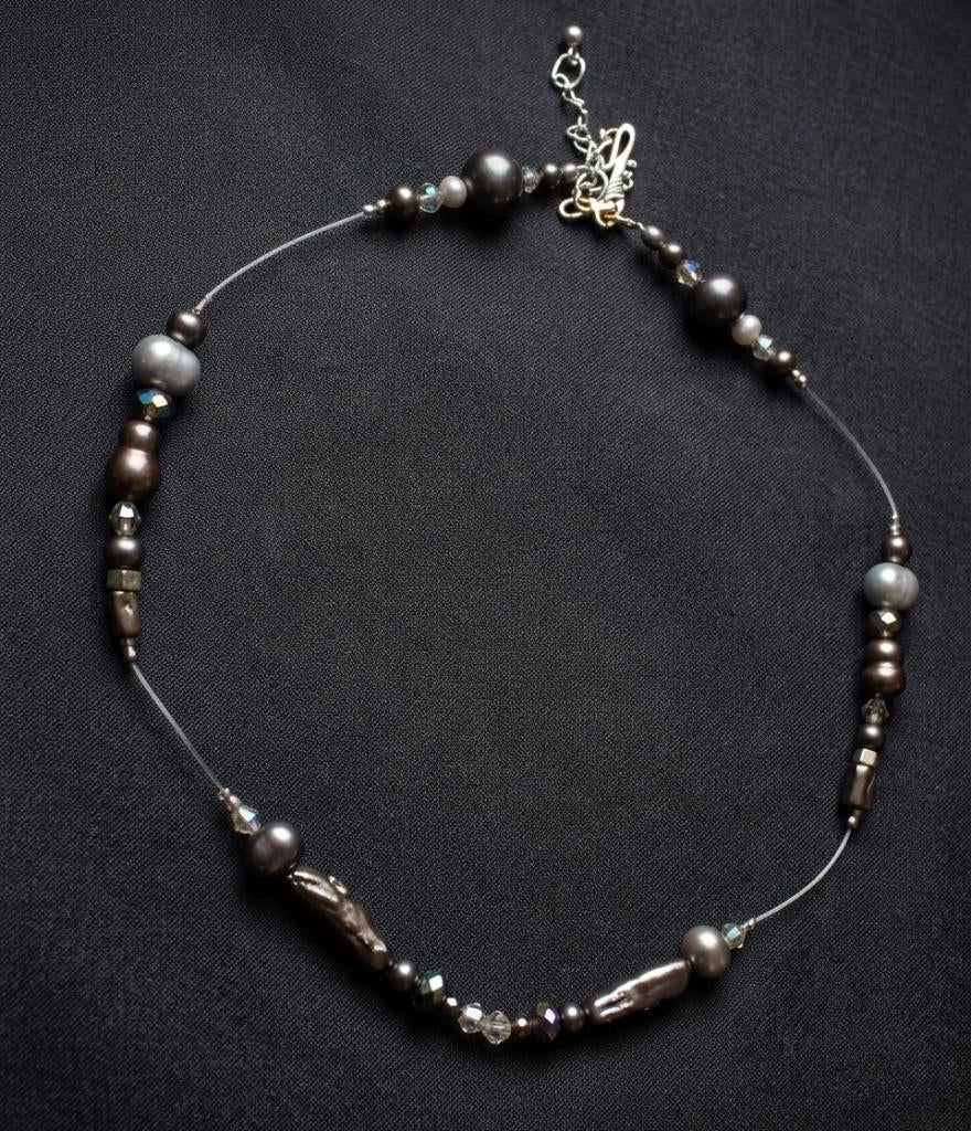 Ketting zoetwaterparel , pyriet , rookkwartz , obsidiaan, Bijoux, Sacs & Beauté, Colliers, Neuf, Pierre ou Minéral, Gris, Réglable