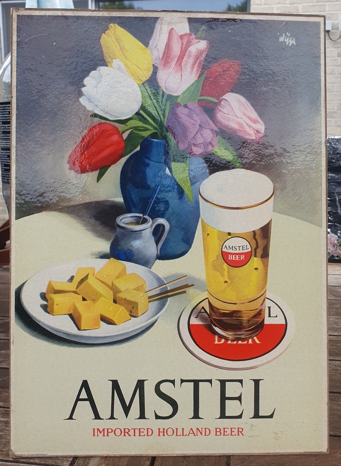 Panneau d'affichage vintage en carton pour la bière Amstel -, Collections, Enlèvement ou Envoi, Utilisé, Panneau publicitaire