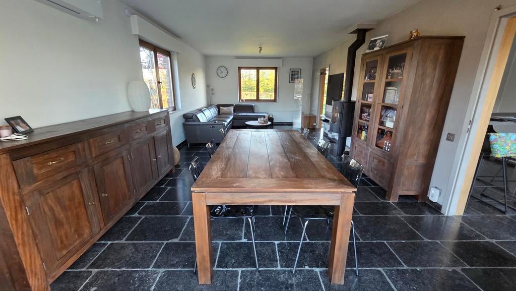 Salle à manger en bois massif Péroba, Ophalen of Verzenden, Gebruikt, 6 tot 8 stoelen