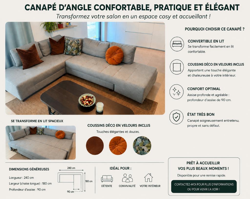 canapé d'angle bleu gris - coussins H&M velours inclus, Maison & Meubles, Canapés | Coins salons complets, Enlèvement, Comme neuf