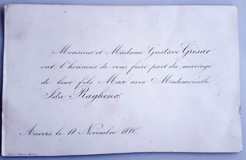 Zeldzame huwelijkaankondiging ANTWN. 1880 GRISAR-RAGHENO, Enlèvement ou Envoi, Avant 1970, Carte de visite