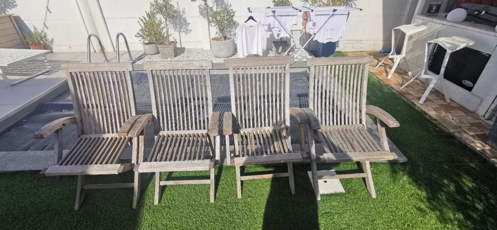 4 klap stoel in teak met kussens, Tuin en Terras, Ophalen