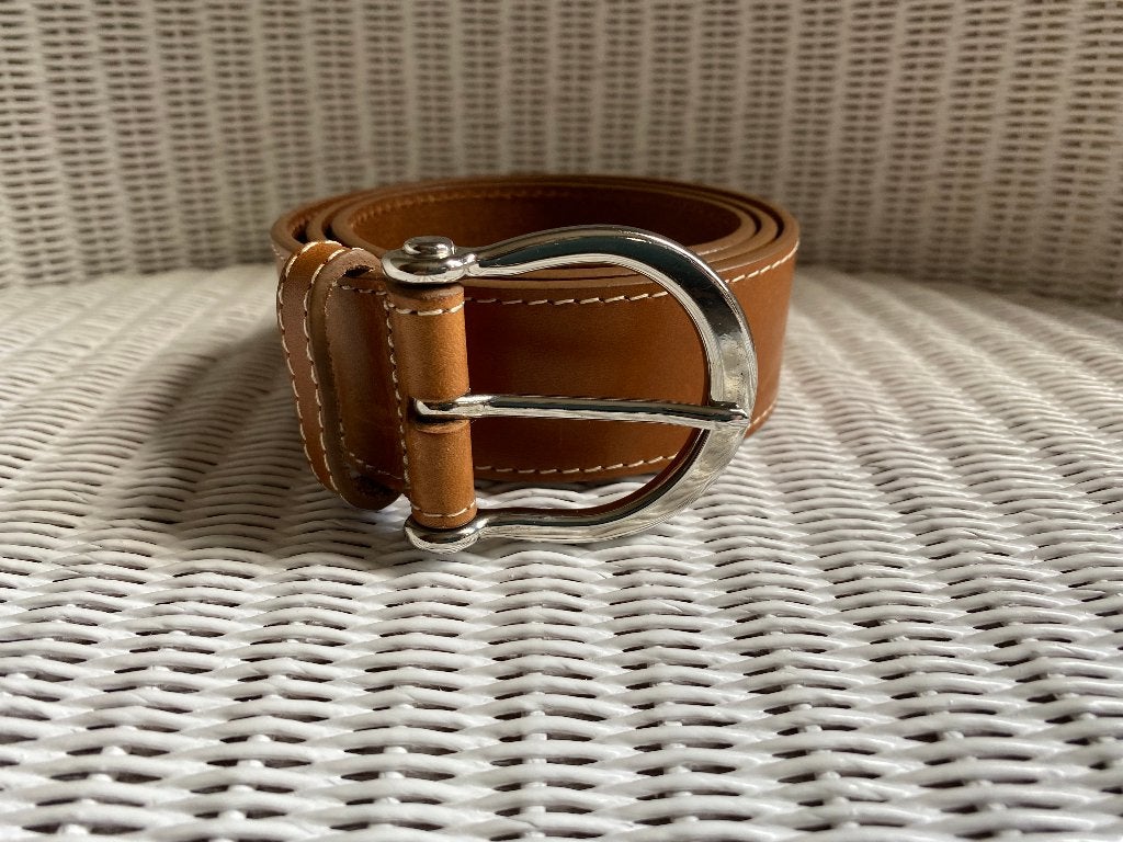 Ceinture en cuir camel Scapa, boucle argentée - 80, Scapa, Cuir véritable, Enlèvement ou Envoi, Comme neuf