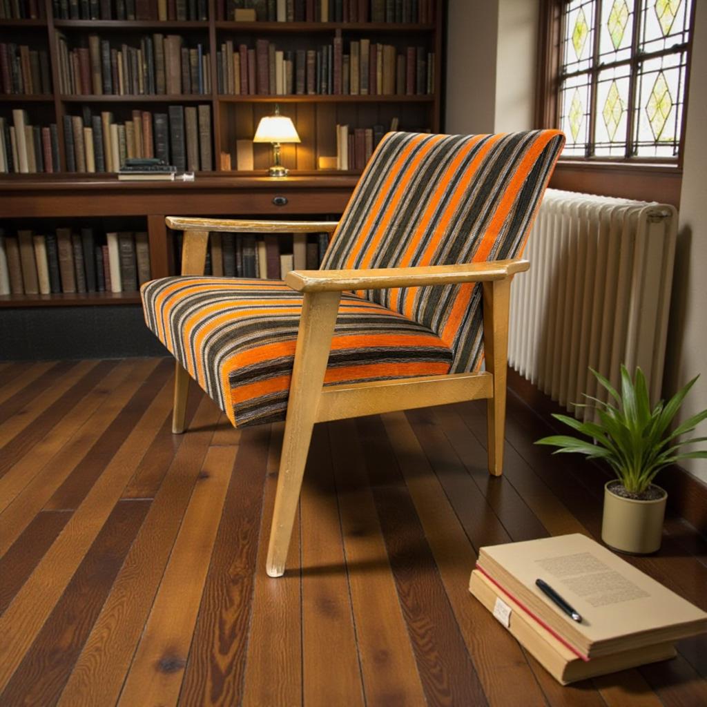 Vintage houten fauteuil /eenzit /loungestoel in oranje bruin, Verzenden, Gebruikt
