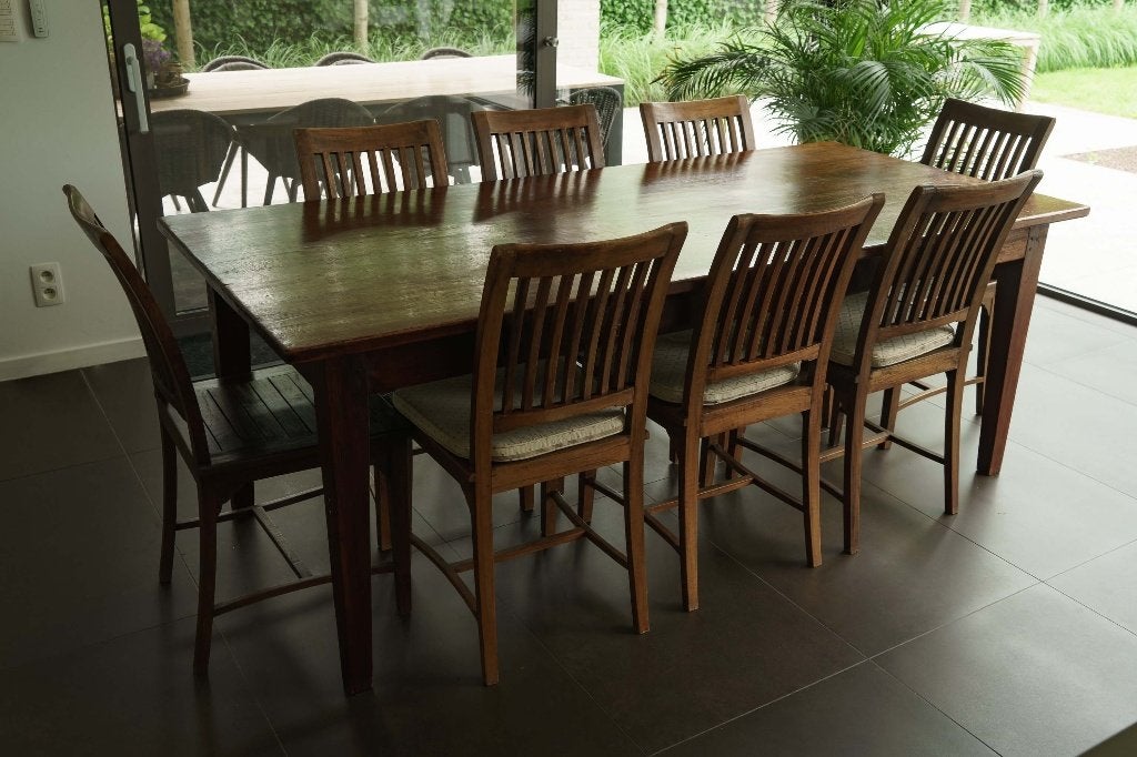 Exclusieve massieve teak – tafel 220 cm + 8 stoelen, Teck, Volledig massief oud teak - tijdloos ontwerp, 100 à 150 cm, Enlèvement