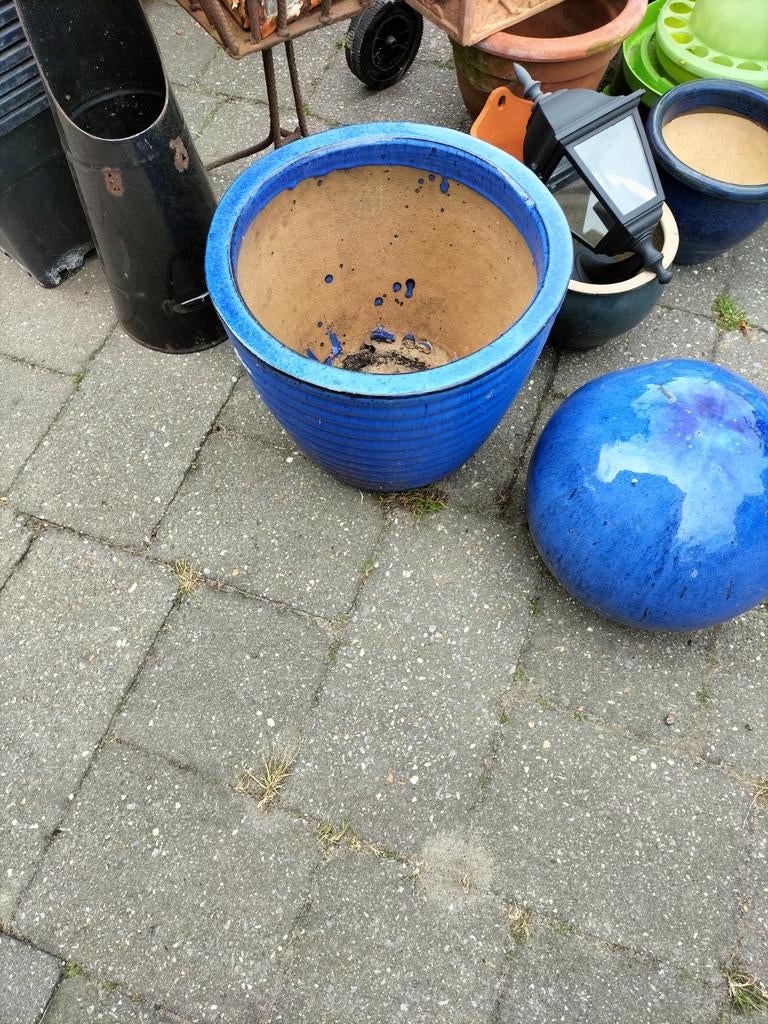 Blauwe geglazuurde keramieken planten bak bloempot met bal, Tuin en Terras, Bloempotten, Ophalen