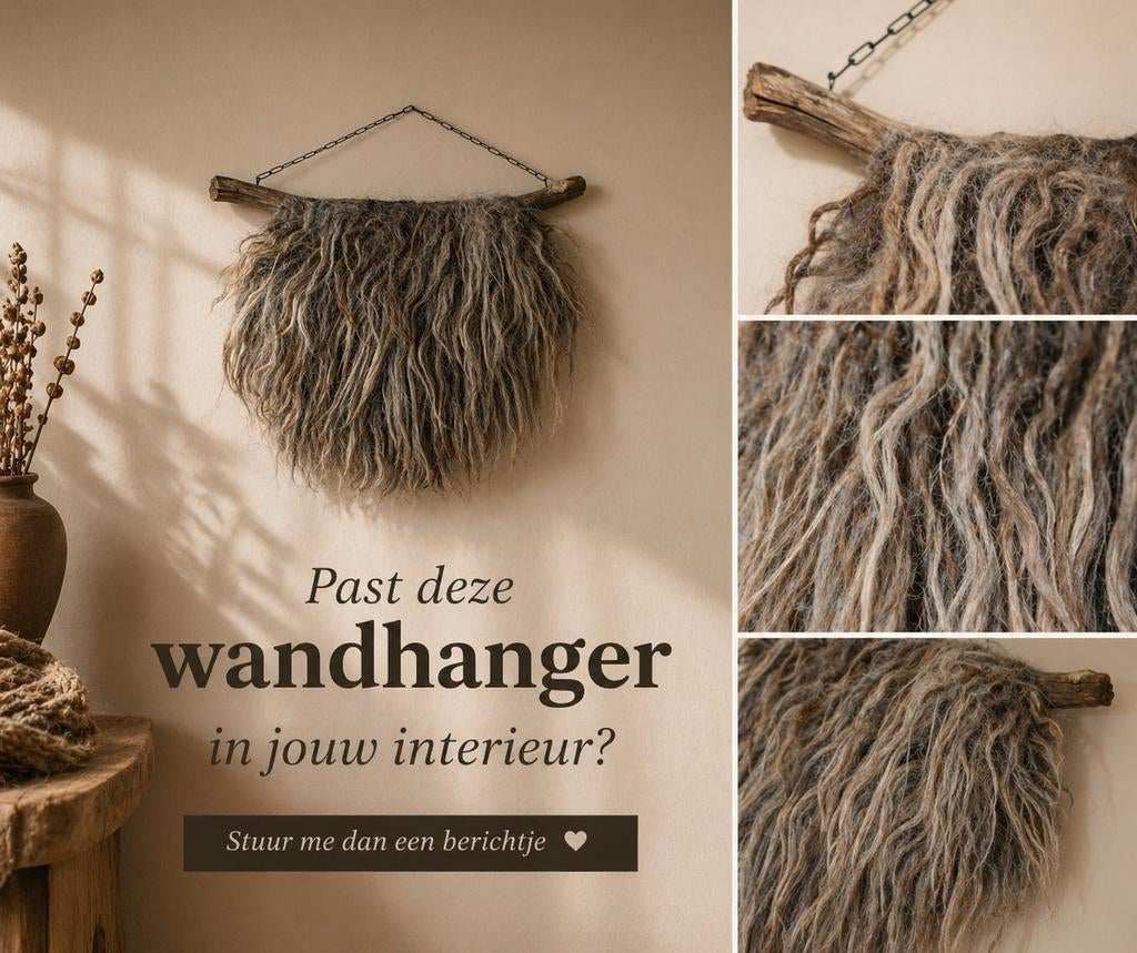 Handgemaakte wollen wandhanger – schapenvacht – uniek natuur, Ophalen of Verzenden, Natuurlijk materiaal, Handgemaakt, Boho
