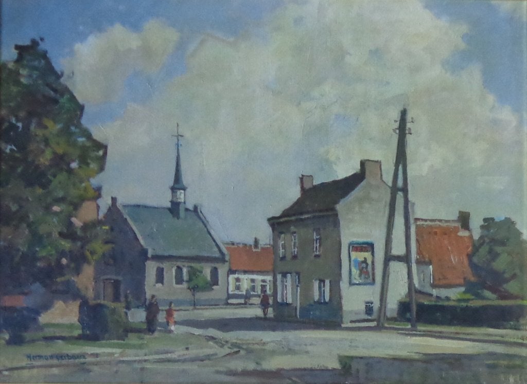HERMAN VERBAERE / DORPSZICHT / OLIEVERF DOEK / 59x75cm KADER, Antiquités & Art, Enlèvement, Signé, Peinture à l'huile, Toile