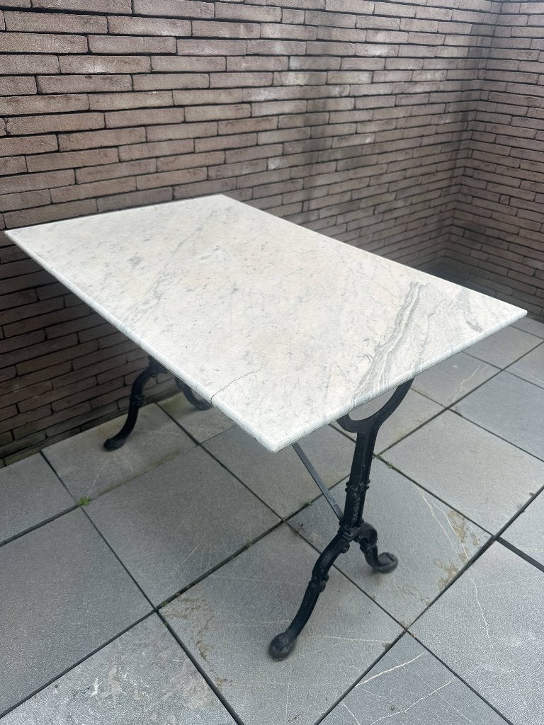 Vintage tuintafel met marmeren blad en gietijzeren onderstel, Tuin en Terras, Ophalen, Gebruikt, Rechthoekig