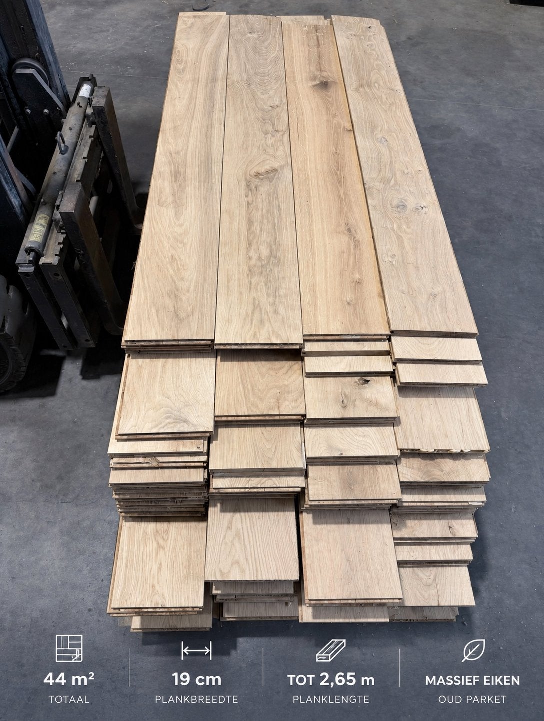 Parquet ancien en chêne massif, 44 m², 19 cm de large, Bricolage & Construction, Enlèvement, Comme neuf, Parquet