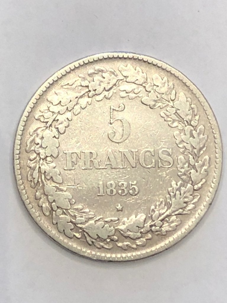 Munt zilver België 5 FR Leop I gelauwerd 1835 pos B, Zilver, Ophalen of Verzenden, Losse munt, Zilver