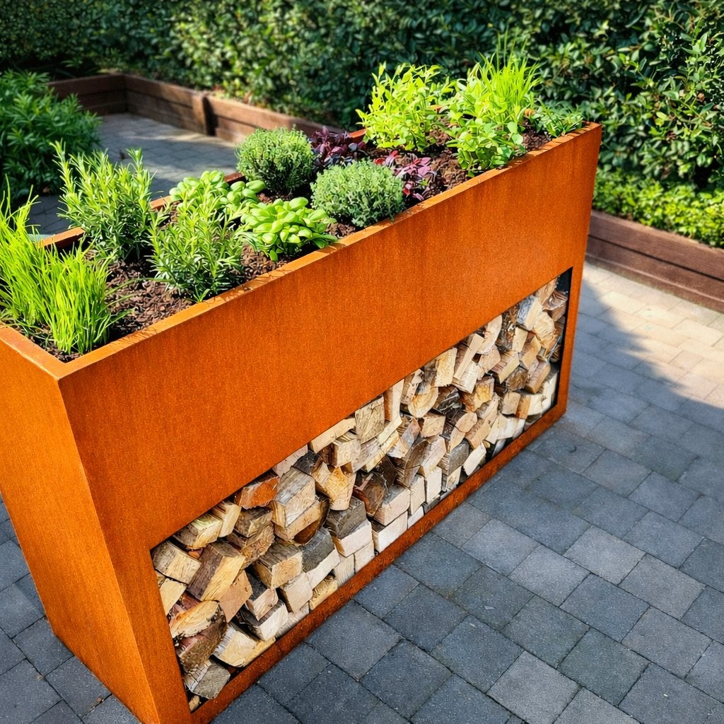 Kruidentuin cortenstaal met houtopslag, Tuin en Terras, Ophalen, Nieuw, Overige materialen, Tuin
