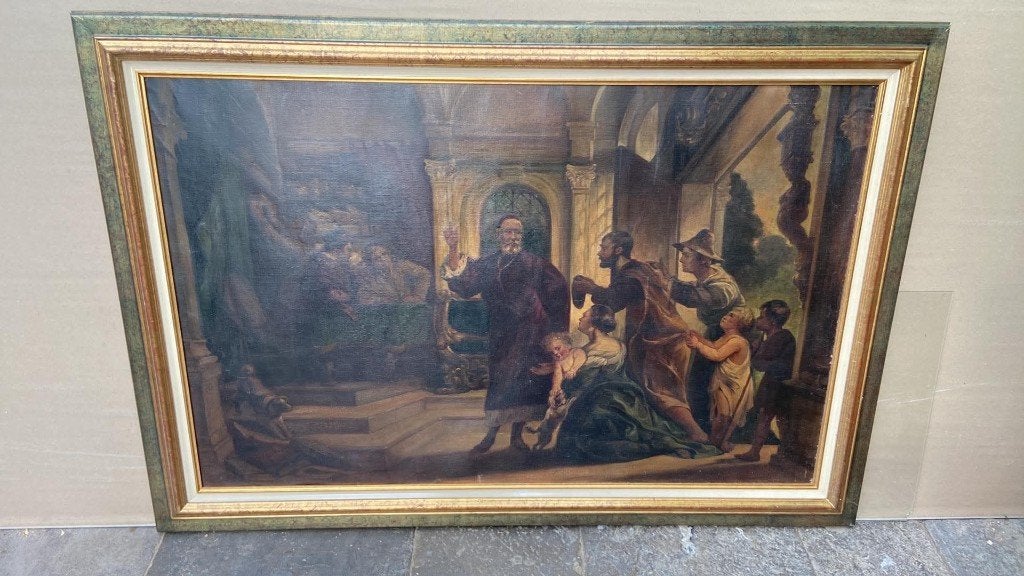 Huile sur toile XIXe intitulée L'aumône 122x80 cm, Enlèvement ou Envoi, Toile