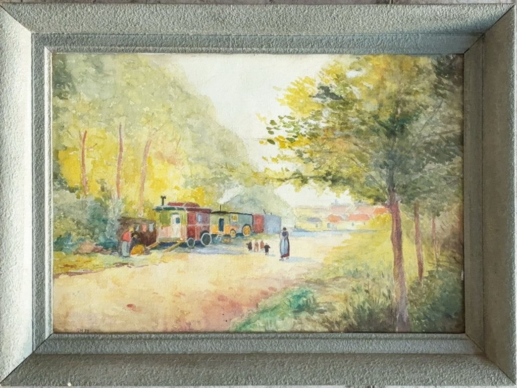 Kampement van woonwagens (60 x 44), Realistisch, Bijzondere lijst, Ophalen of Verzenden, Landschap