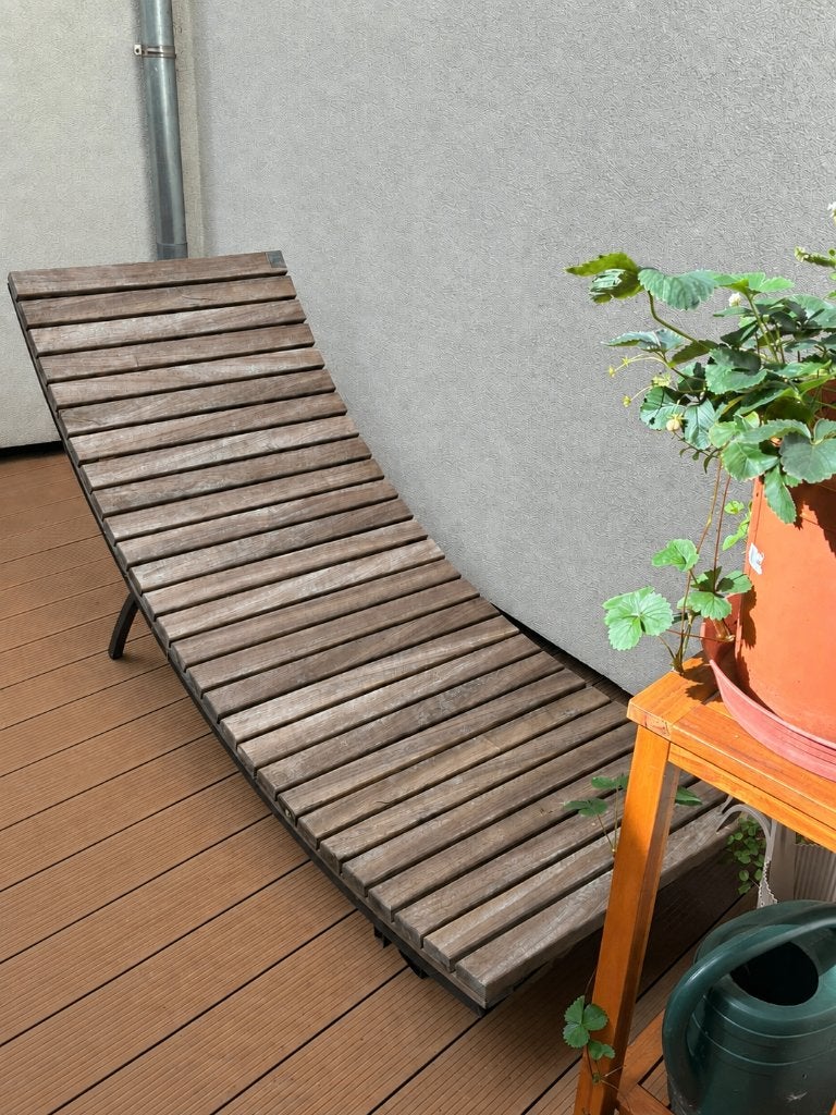 Design ligbank in padouk hout & matzwart staal, Jardin & Terrasse, Enlèvement, Utilisé, Bois, Mobile