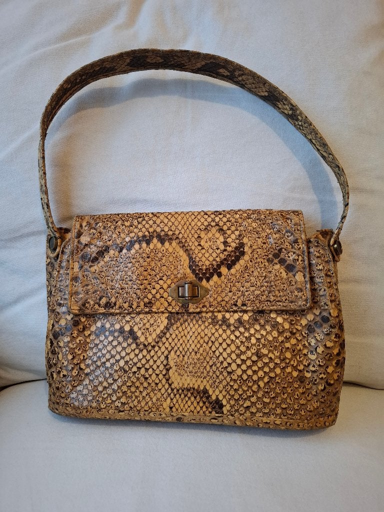 Petit sac à main vintage en cuir de python véritable, Enlèvement ou Envoi, Utilisé, Beige, Sac à main