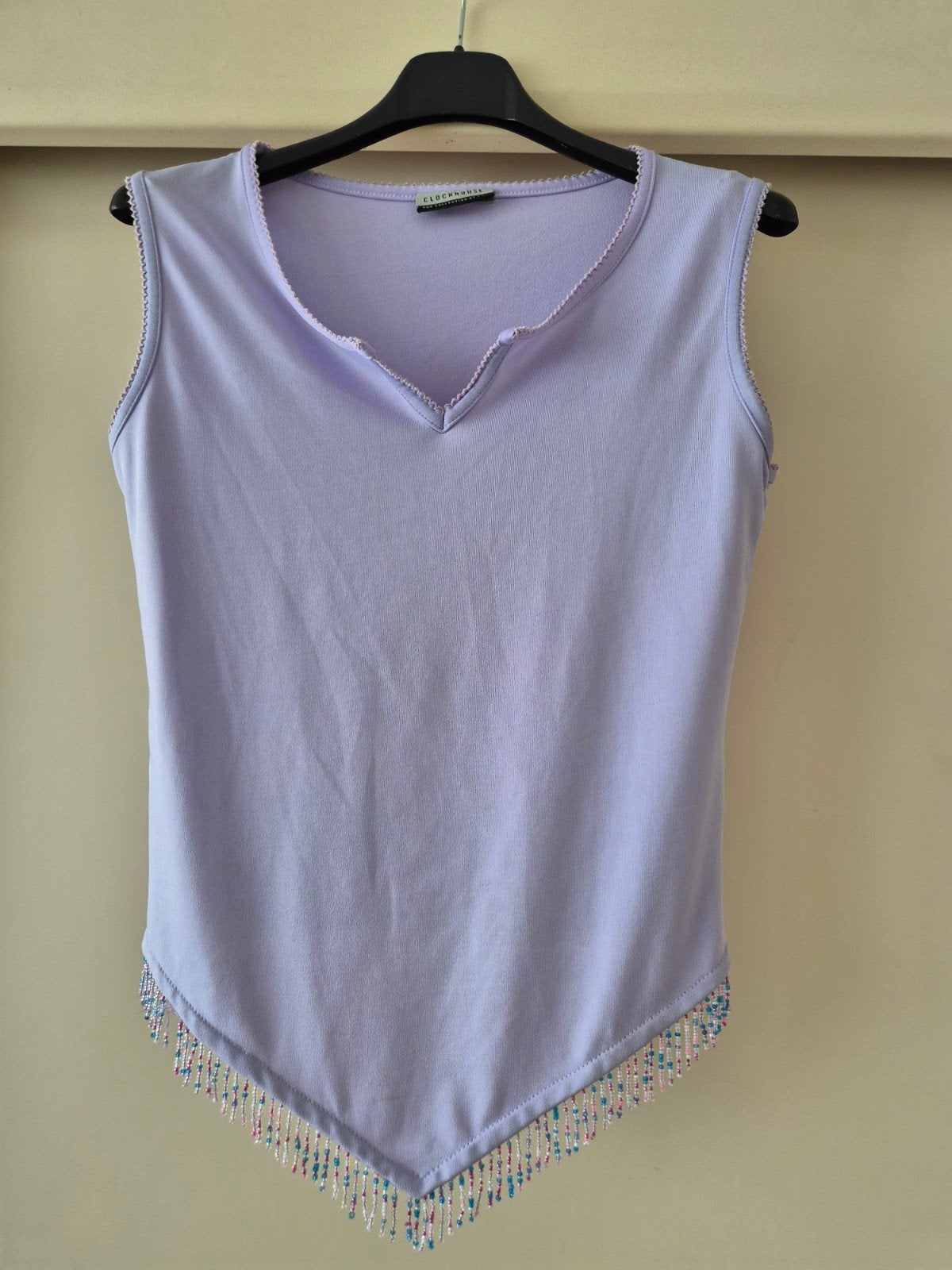 Top lycra lilas bas en V avec perles 38, Enlèvement ou Envoi