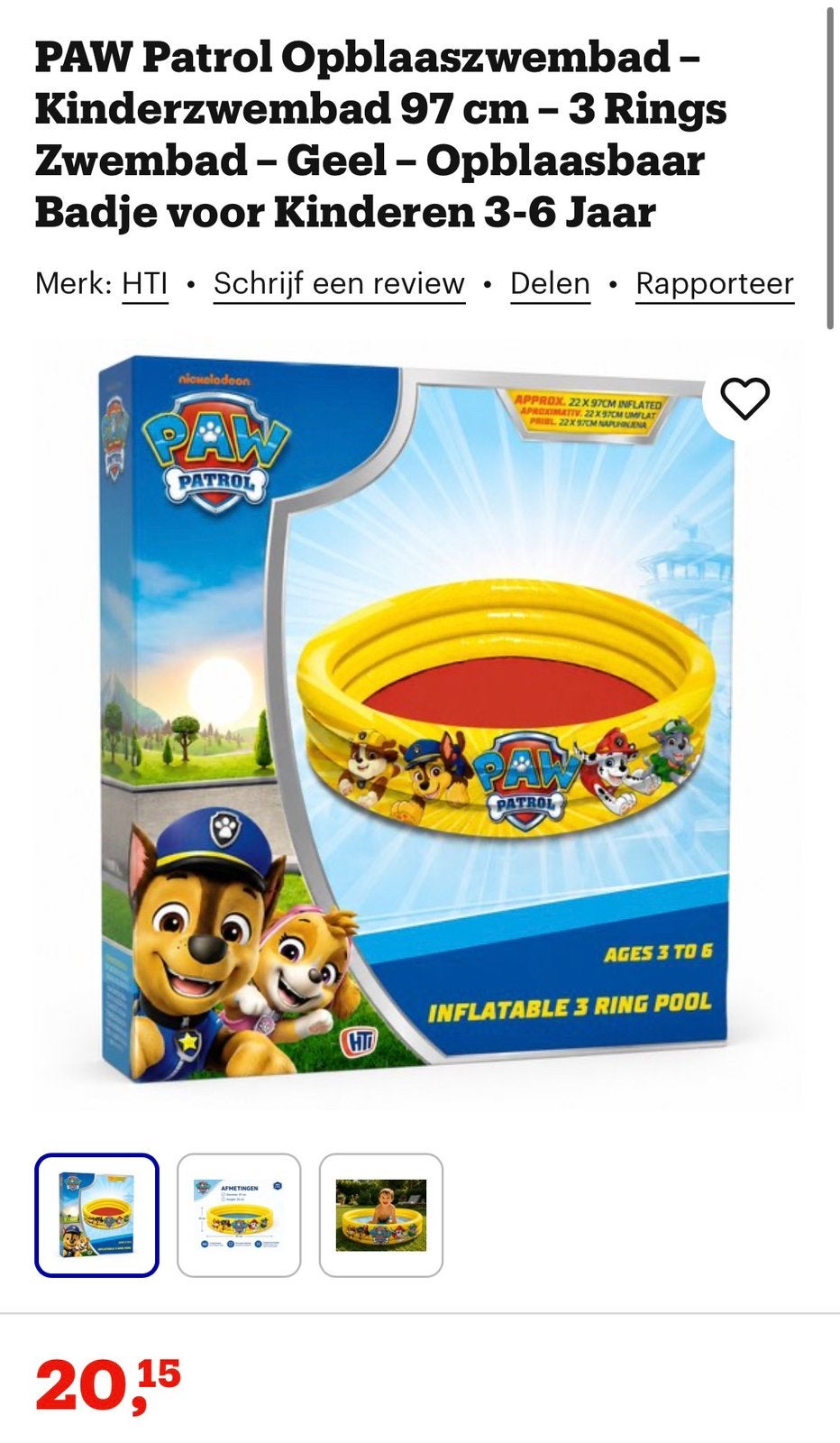 Opblaaszwembad paw patrol 97cm, Ophalen, Zo goed als nieuw