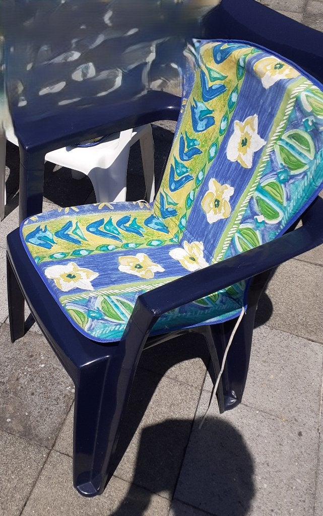 Chaise de jardin haut dossier bleu + coussin, Tuin en Terras, Tuinstoelen, Ophalen, Gebruikt, Plastic, Stapelbaar