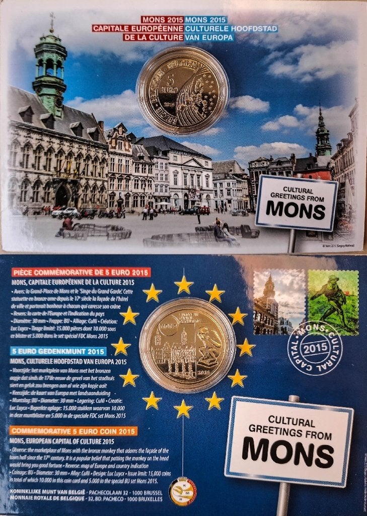 coincard 5euros Mons Capitale européenne de la culture 2015, Timbres & Monnaies, Monnaies | Europe | Monnaies euro, Envoi, Belgique