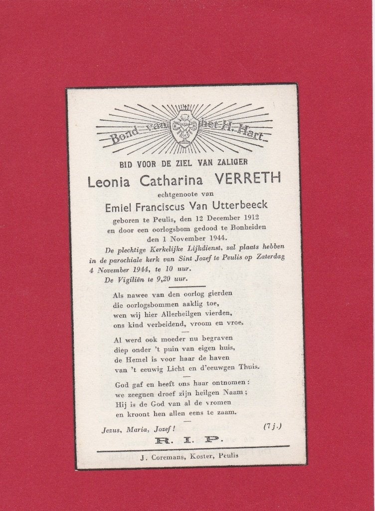 Oorlog Leonia Verreth, Collections, Images pieuses & Faire-part, Envoi, Image pieuse