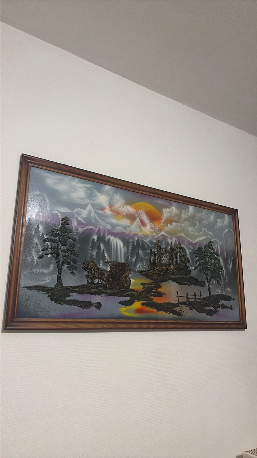 Vintage 3D Reliëf Schilderij - Kasteel paardenkoets, Antiek en Kunst, Ophalen