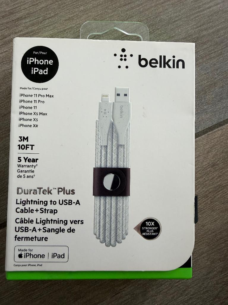 Belkin DuraTek Plus Lightning naar USB-A Kabel - 3m - Wit, Telecommunicatie, Mobiele telefoons | Hoesjes en Screenprotectors | Apple iPhone