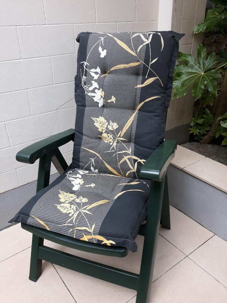 Mooie Tuin-relax stoel met 2 kussens inklapbr groen 4 stande, Enlèvement, Comme neuf, Plastique, Ajustable
