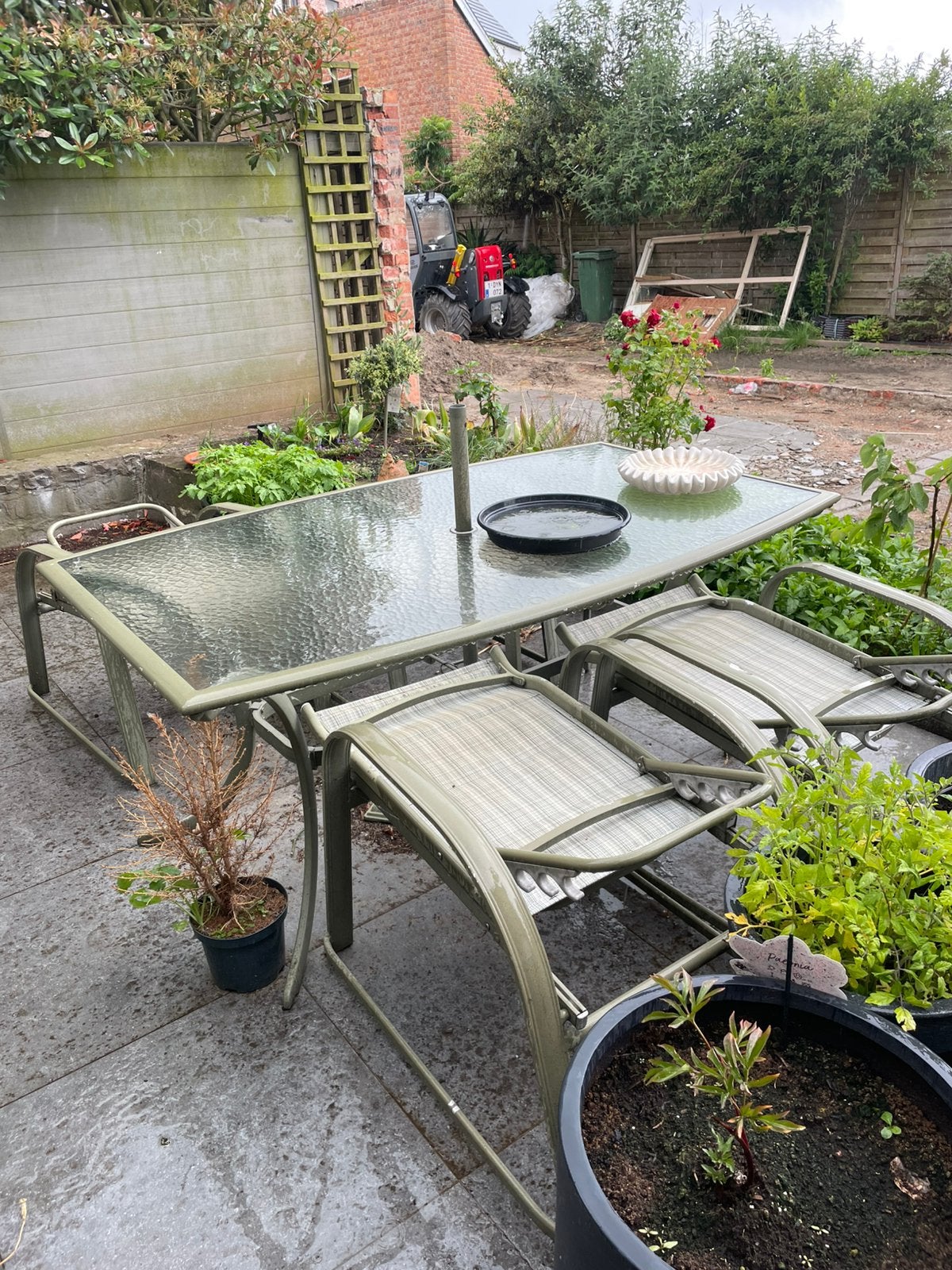 Tuinset met 6 stoelen, parasol, voetbankjes en schaal, Ophalen, Aluminium, Tuinset
