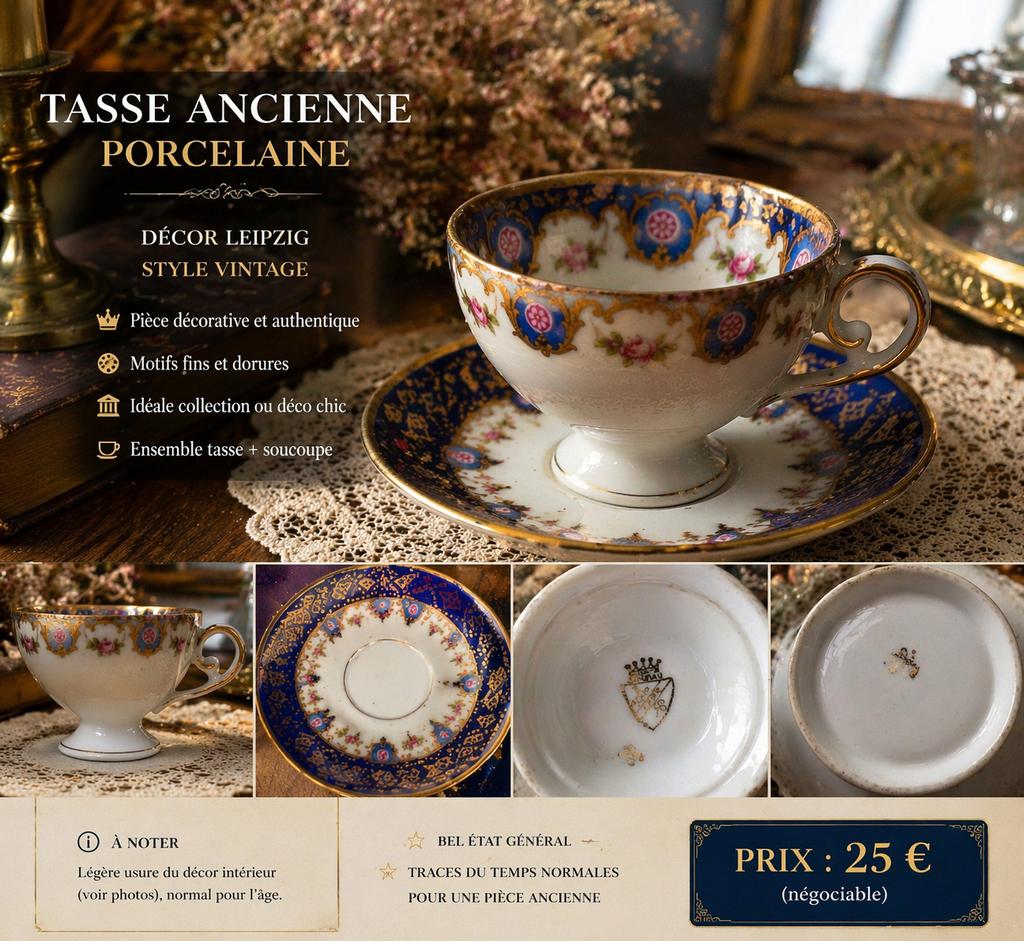 Tasse ancienne porcelaine Leipzig + soucoupe, Enlèvement