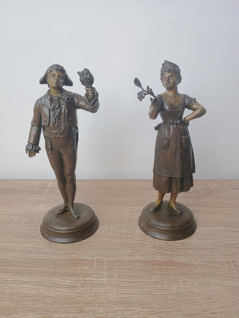 Sculptures en régule le bouquetier et la bouquetière, Antiek en Kunst, Kunst | Beelden en Houtsnijwerken, Beeld, Man, Art deco