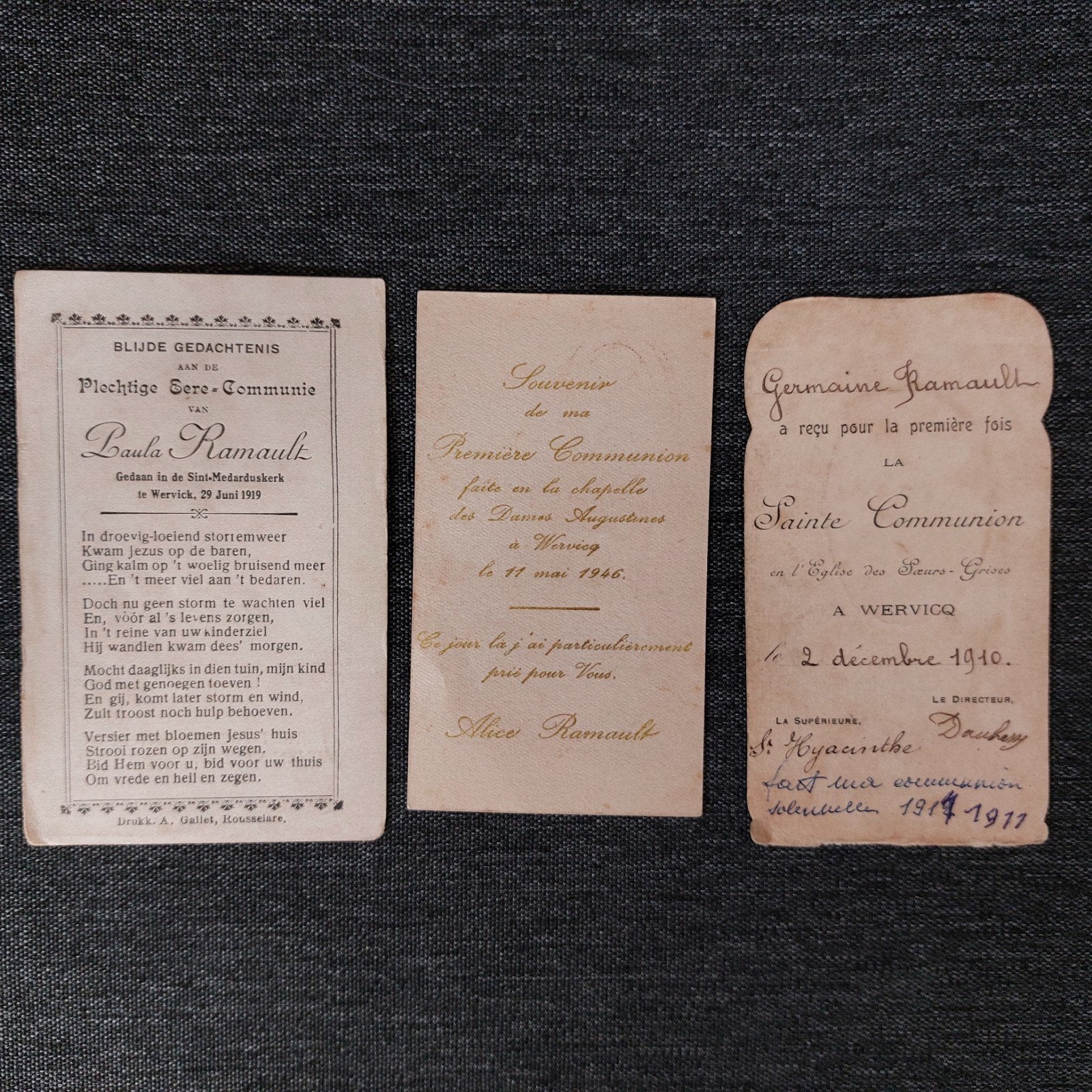 3 oude communieprentjes uit Wervik, Ophalen of Verzenden