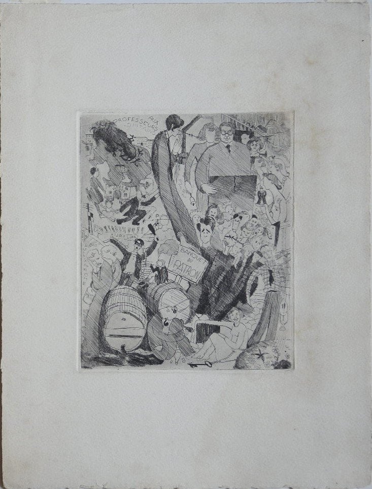 René Proner ets "Spotprent Académie Montparnasse", ca. 1938, Antiek en Kunst, Kunst | Etsen en Gravures, Ophalen, Dagelijks leven