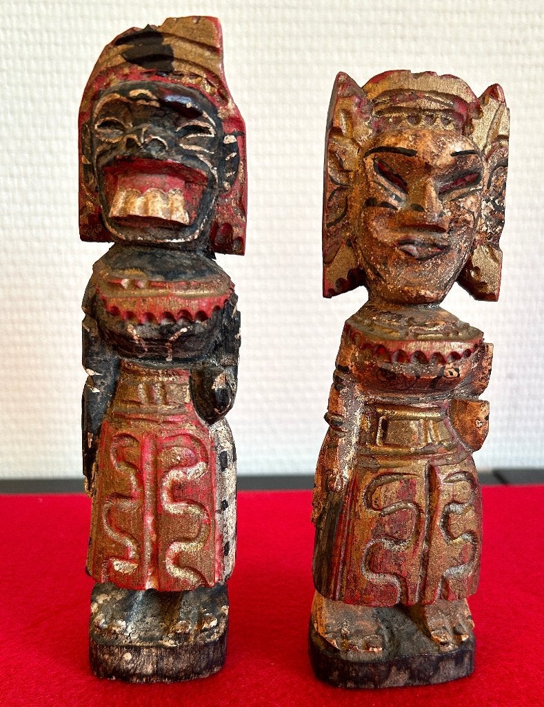 Anciennes Figurines en Bois - Bali - Indonésie, Antiquités & Art, Art | Art non-occidental, Bois, 17 cm, Indonésie, Multicolore