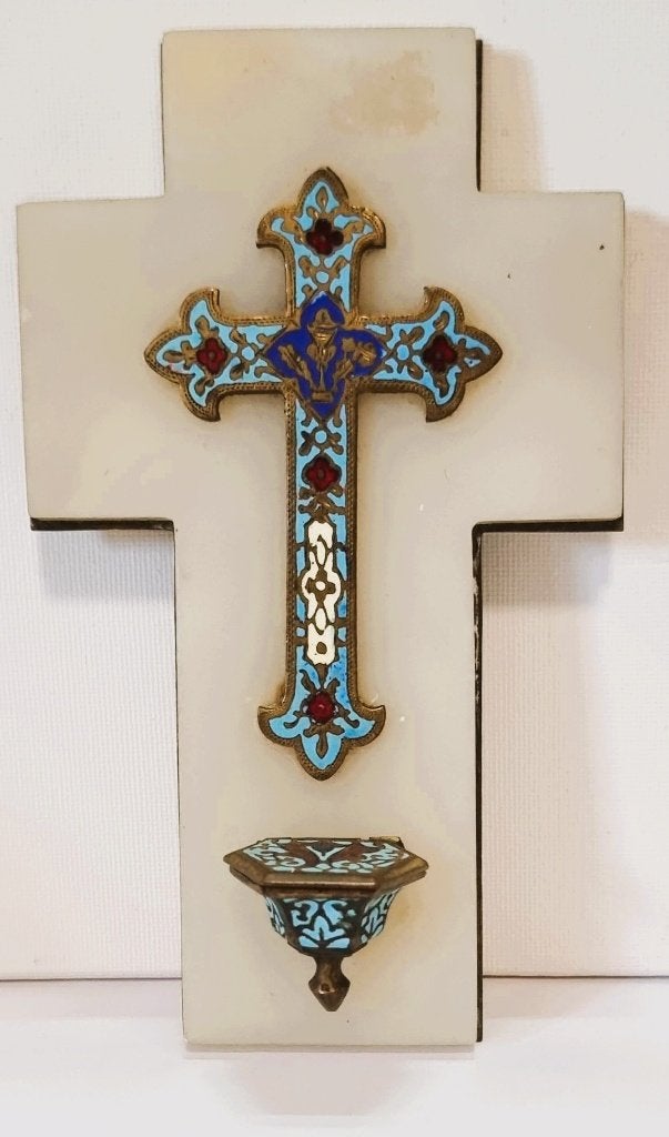 Wijwatervat in email cloisonne met onyx., Ophalen of Verzenden, Zo goed als nieuw, Overige typen, Christendom | Katholiek