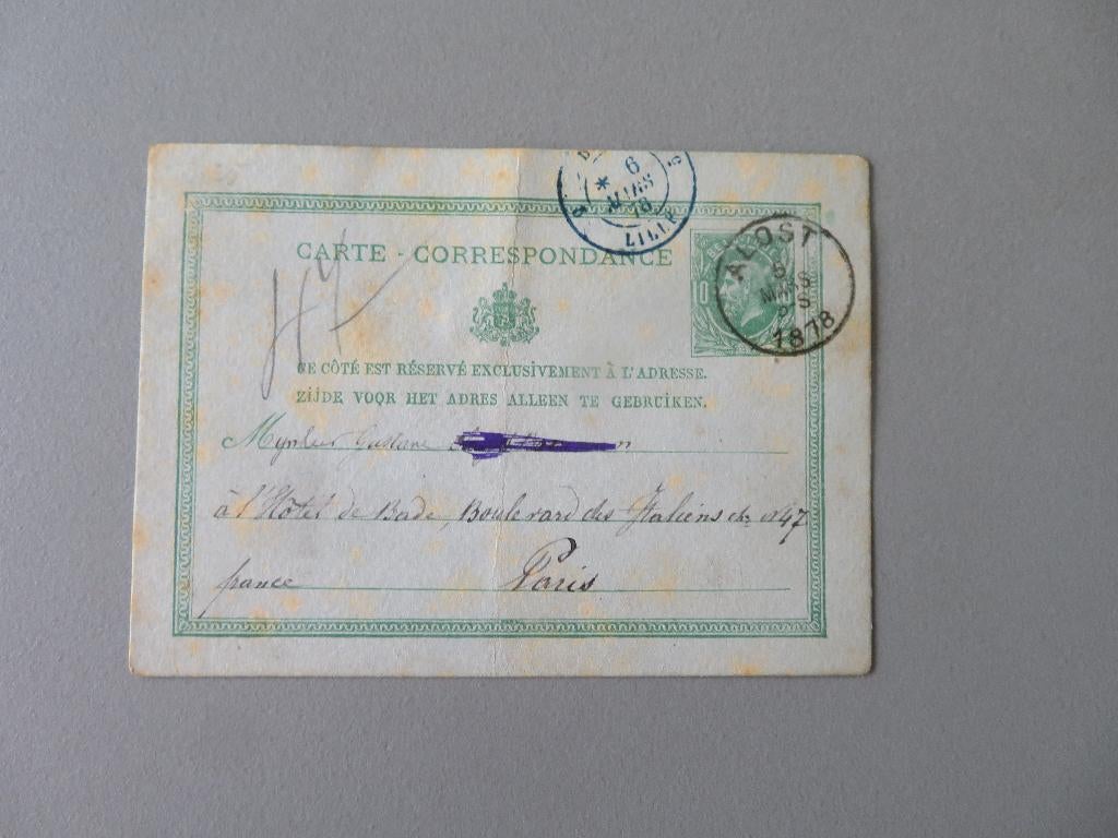 carte correspondance 1878 van Aalst naar Hotel in Parijs, Timbres & Monnaies, Lettres & Enveloppes | Étranger, Enlèvement ou Envoi