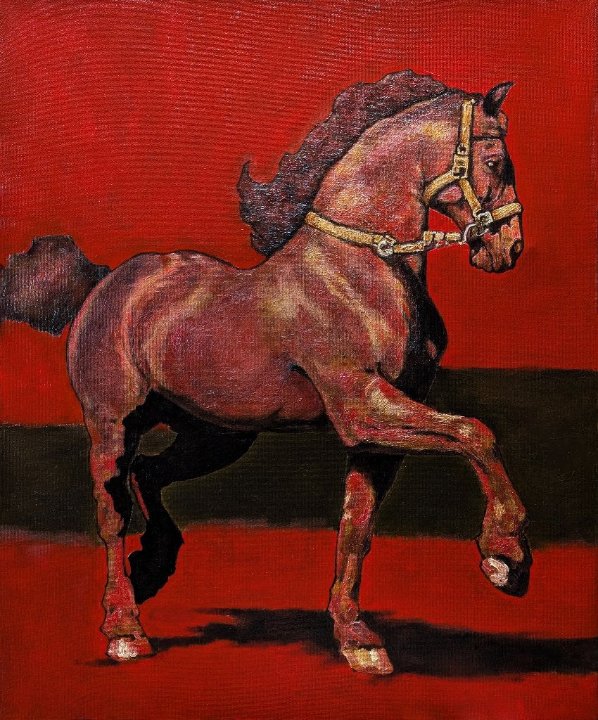 « Rouge sur rouge. Cheval de feu », Antiquités & Art, Art | Peinture | Moderne, Textile, Peinture à l'huile, Animaux, Sur cadre en bois