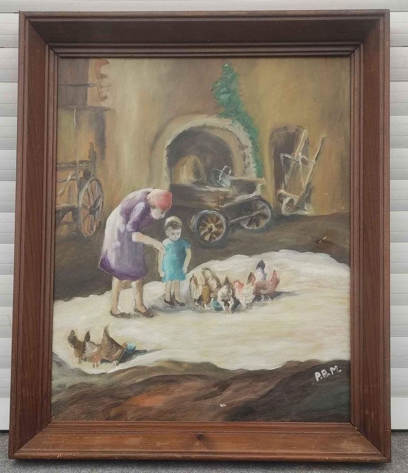 Huile sur toile cartonné signe pam, Antiquités & Art, Art | Peinture | Classique, Enlèvement ou Envoi, Toile