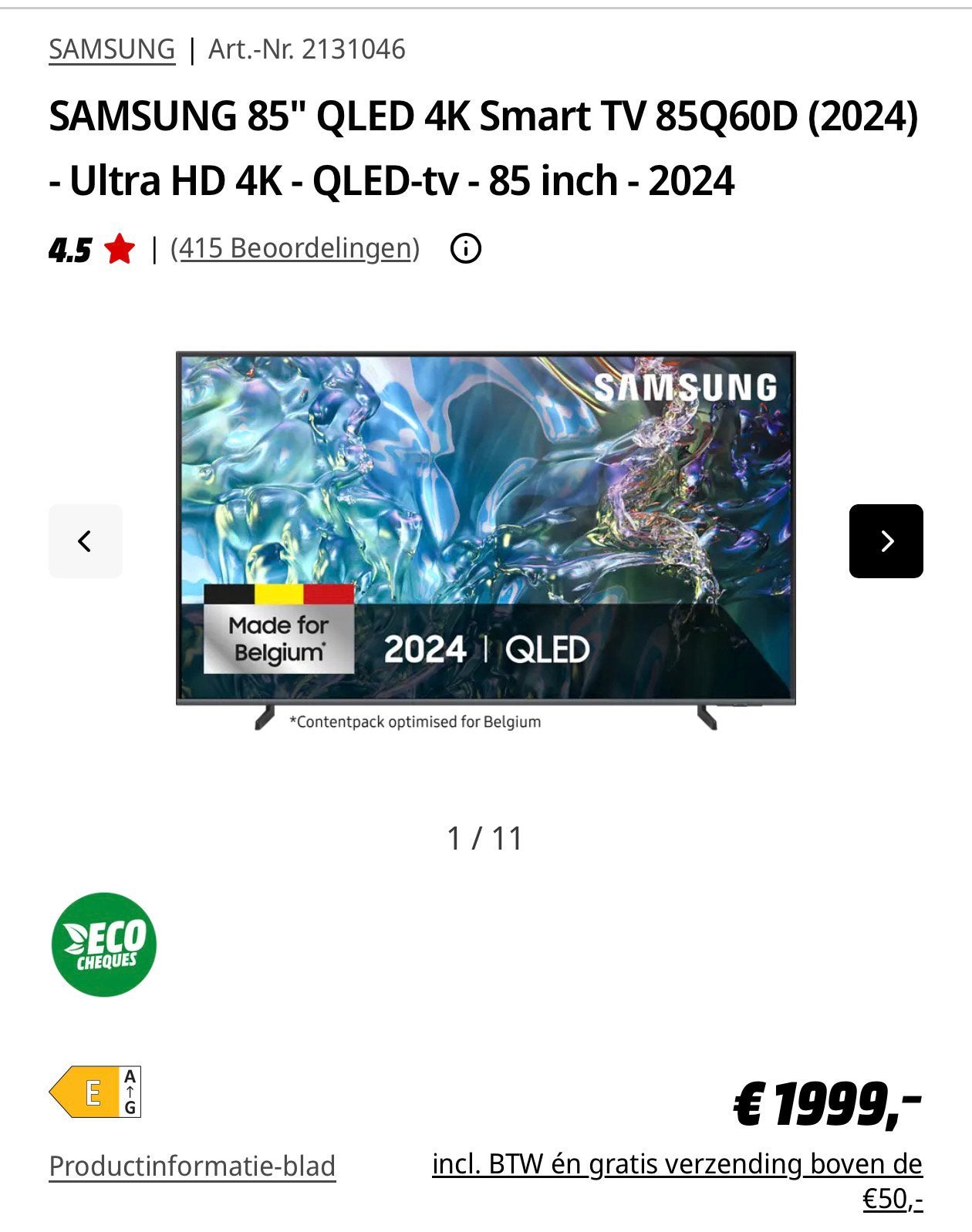 Samsung 85” QLED 4K Smart TV 85Q60D (2024) – Nieuwstaat, Audio, Tv en Foto, Televisie-accessoires, Zo goed als nieuw, Ophalen