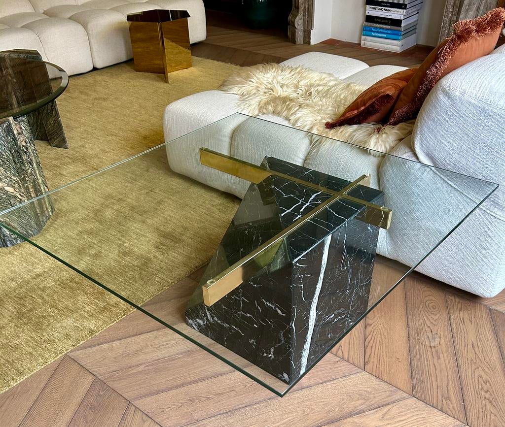 Table basse vintage ARTEDI, marbre, laiton, verre, Verre, Moins de 50 cm, Carré, Enlèvement