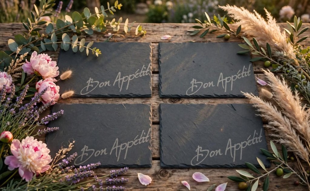 Assiettes de service en ardoise gravées « Bon appétit »neuf, Neuf, Fait à la main, Enlèvement ou Envoi, Planche de service