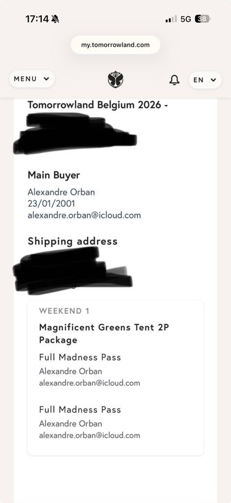Tomorrow land ticket week-end 1 full madness, Deux personnes, Autres types