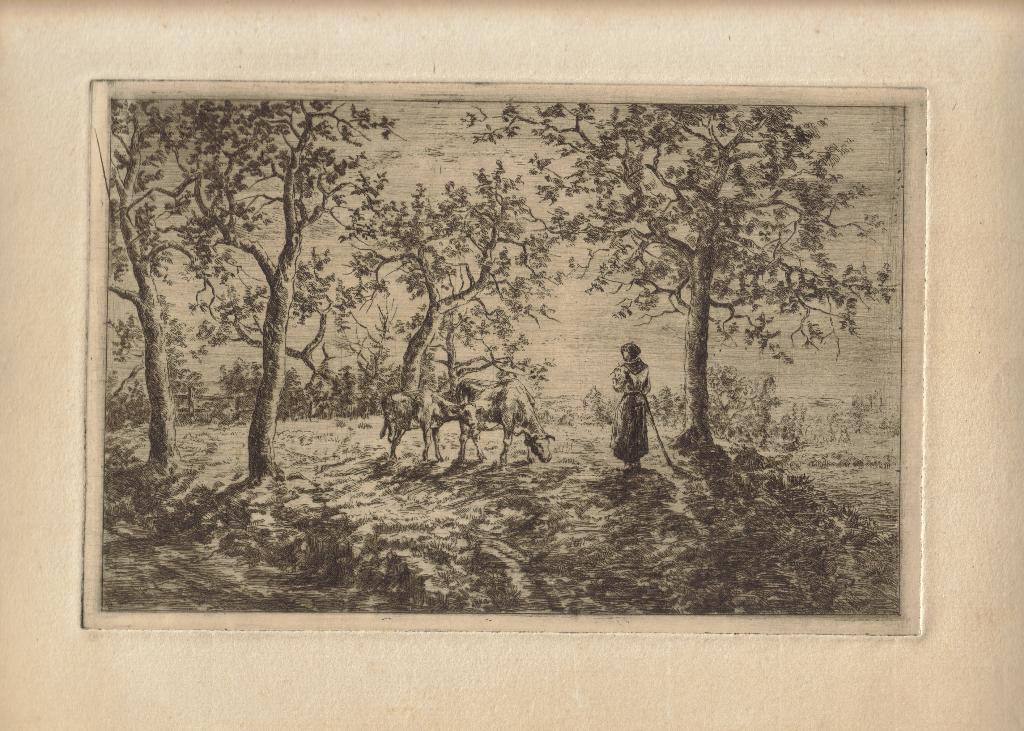 Marie Collart ets "Herderin met Twee Koeien op Bosweide", Antiek en Kunst, Ophalen, Dagelijks leven, 1800 - 1899, Ets