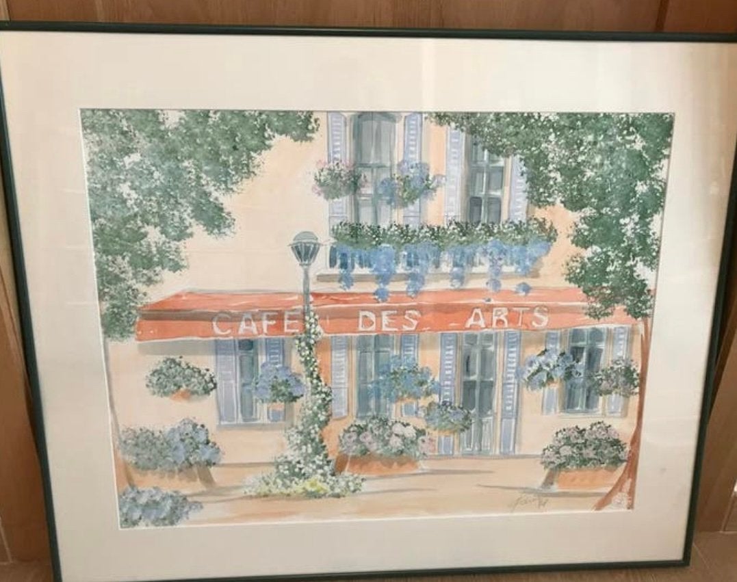 Grande Aquarelle sous cadre, Café des arts, signée, Enlèvement ou Envoi, Sous verre, Aquarelle, Paysage urbain